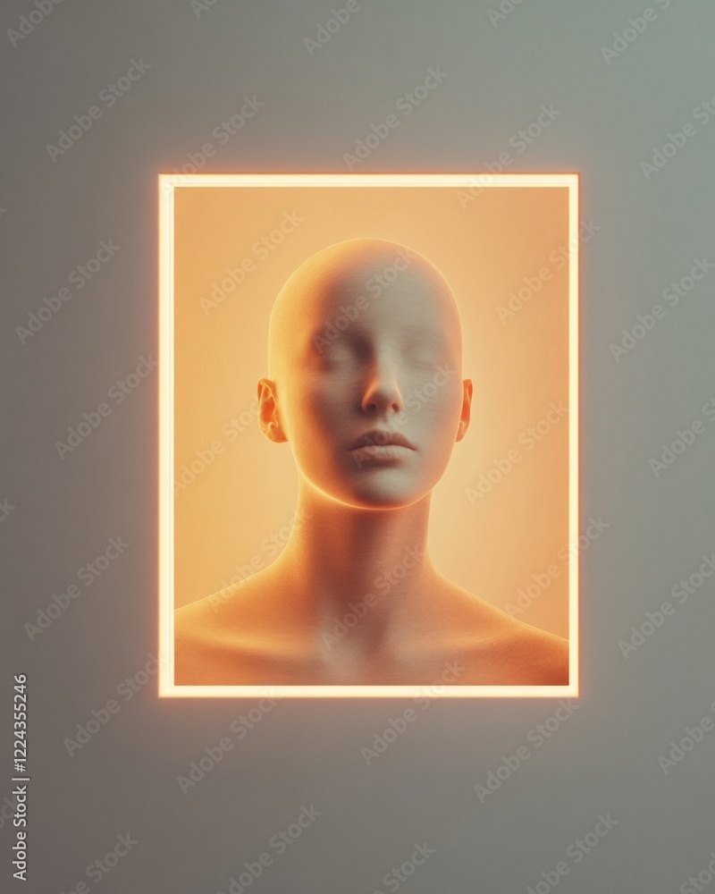 Aufkleber abstract neon portrait head in glowing frame - modern art installations for innovative spaces and di