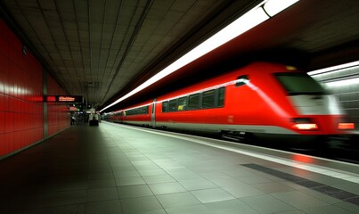 Red train arriving at underground subway station platform with blurred motion