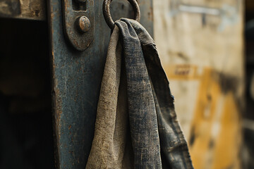Close-up of a worn cloth hanging from a rusty metal hook in an industrial setting, with blurred machinery in the background