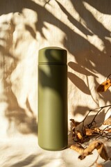 A stylish olive green hydration bottle surrounded by natural elements, evoking a sense of calm and environmental awareness.