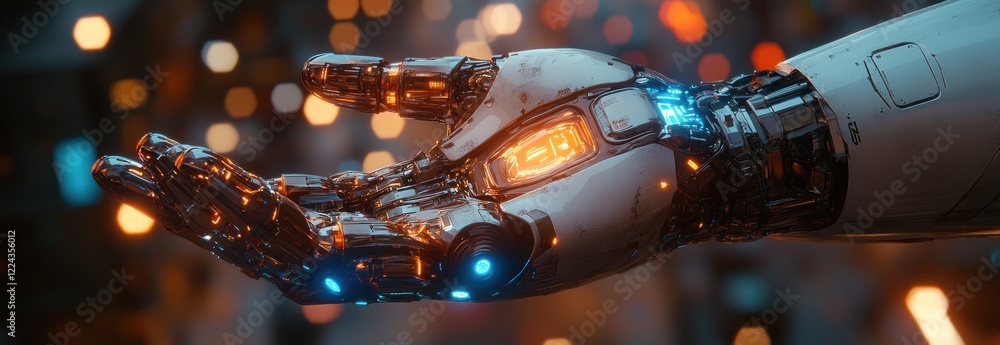 Aufkleber Futuristic Robot in Hand Digital Chatbot AI Technology for Data Access Network Communication and Global Connection