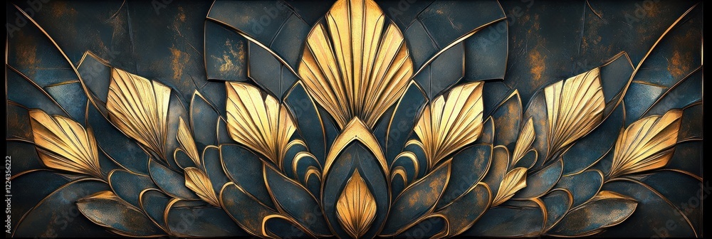 Poster art deco architecture background with gold leaf patterns and ambient lighting