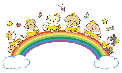 笑う犬たちとカラフルな虹のイメージイラスト（しつけ教室、犬の幼稚園、ドッグスクールなど）
