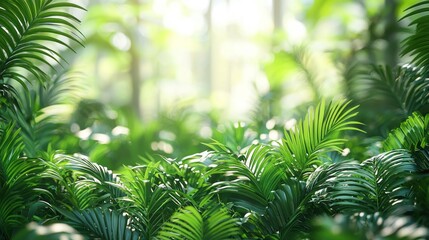 Fototapeta premium Lush Green Leaves in Tropical Forest Backdrop with Soft Light