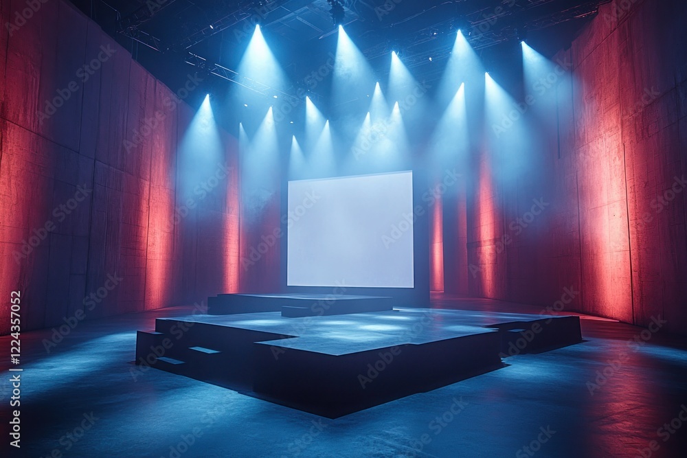 Poster minimalistic stage design with blank screen in high-tech exhibition hall