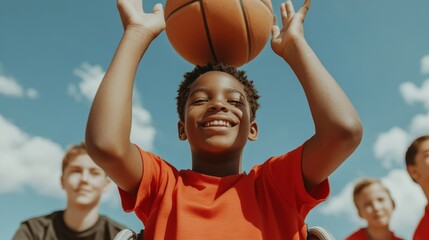 Dynamic Urban Youth Basketball Inclusive Play with Diverse Kids on Outdoor Court - Energetic Sports Content and Youth Engagement for Community Development Initiatives