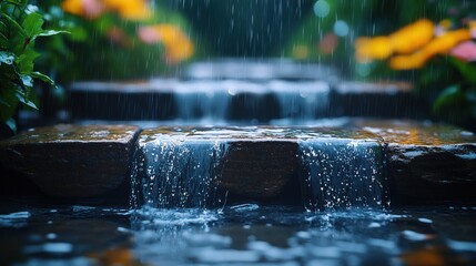 Rainwater Flowing on Stone Path with Droplets and Wet Texture in Urban Gutter