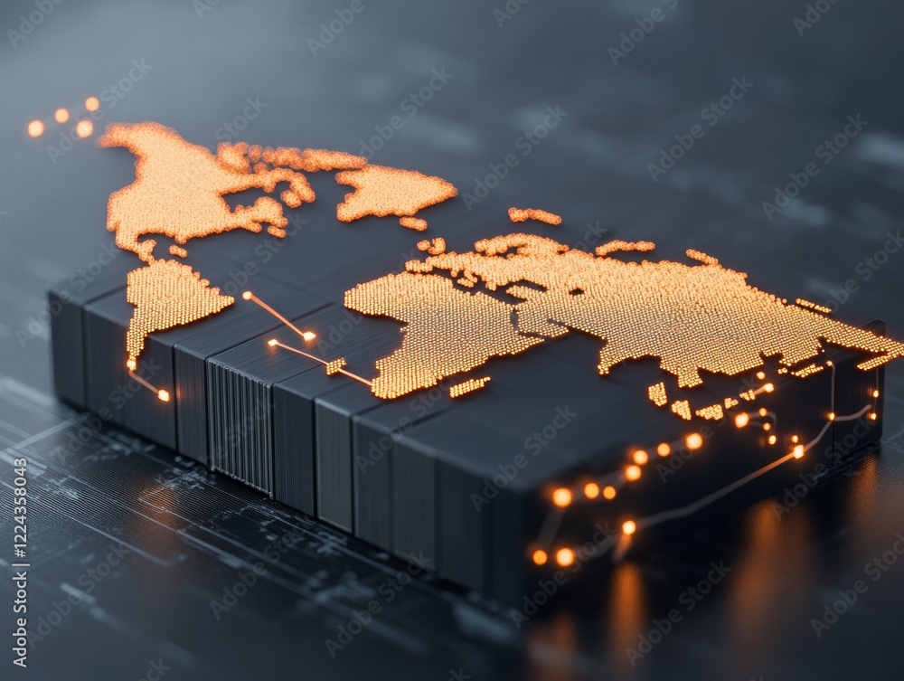 Poster global shipping dynamics high-tech world map with led trade routes - tech innovation for modern busi