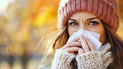 Woman sneezing into tissue, suffering from autumn allergies outdoors.