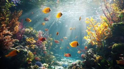 Naklejka premium Vibrant Underwater Coral Reef Paradise: Sunbeams Illuminate a Thriving Ecosystem