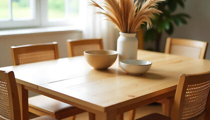 Rustic Wooden Dining Table with Decorative Bowls, Dried Plants, and Woven Chairs, Craft furniture showroom small business, created with generative ai