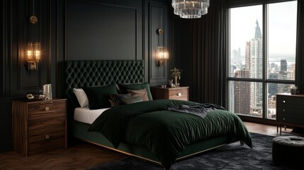 Luxurious modern bedroom with city skyline view at night featuring dark decor and stylish furnishings