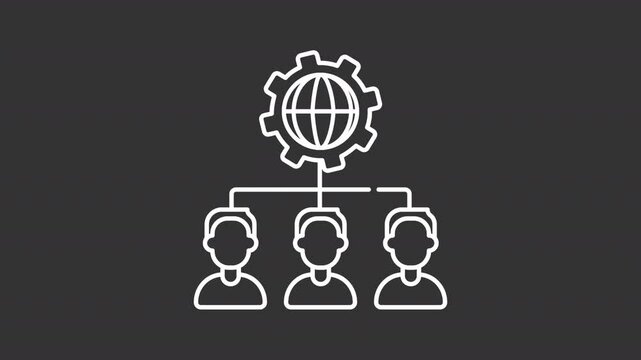 Outsource organization white line animation. Remote work animated icon. Rotating gear, spinning planet. Isolated illustration on dark background. Transition alpha video. Motion graphic