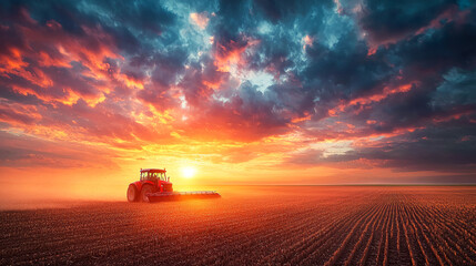 Majestic Sunset over Farmland: Tractor at Golden Hour