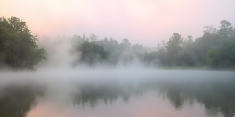 Fototapeta premium Blurry rainbow-colored mist rising over a tranquil lake surrounded by trees, in vibrant 8K