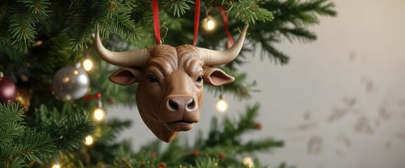 Bull ornament hanging from Christmas tree branches, winter ornaments, festive hangings