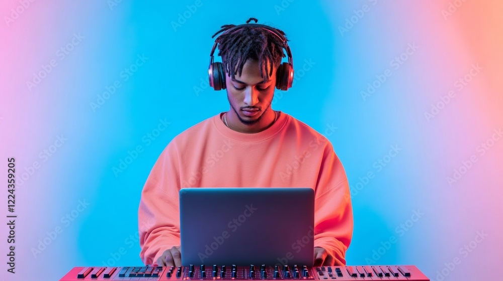 Poster neon tech vibes home studio with digital music creation setup on laptop and midi - exploring modern 