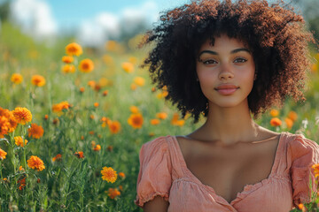 Naklejka premium a young woman with naturally curly hair stands against the backdrop of a blooming field of orange flowers 
