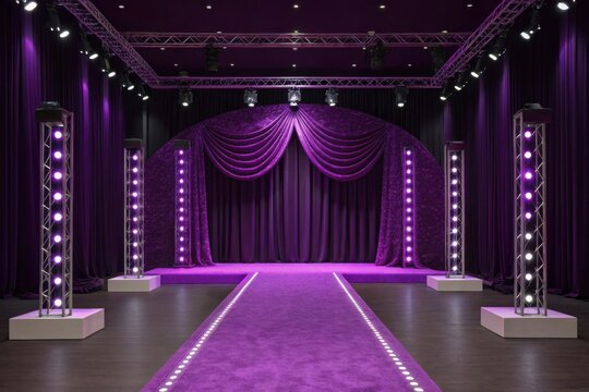 Elegant purple backdrop with draped fabric and spotlighting, ideal for fashion events, photography, or stage performances in an upscale setting