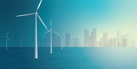 Wind Turbine farm in the sea, Eco environmental friendly renewable energy, landscape with smart city sunset and blue vector illustration background.