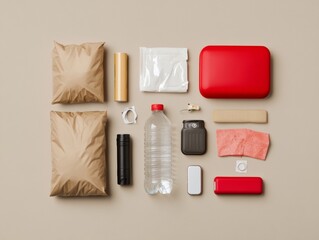 Obraz premium Modern Flat-Lay Emergency Kit Display Essential Earthquake Supplies on Beige - Home Safety Solutions and Risk Management Content for Digital Marketing
