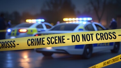 Suspenseful crime scene featuring barrier tape in a moody environment. Ideal for crime drama designs, investigation themes, or gripping digital art with a tense, mysterious vibe.