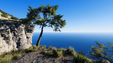 Obraz premium Solitary Tree on Coastal Cliff