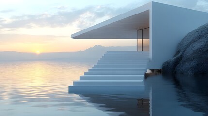 A minimalist rectangular house with a floating staircase leading to an elevated entrance.