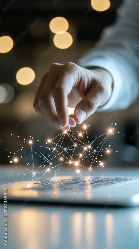 Poster Futuristic Digital Interaction Hand Engaged with Virtual Network on Laptop - Innovative Tech Content and Modern Business Productivity Enhancement