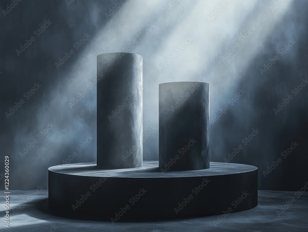 Poster minimalist abstract composition with black cylindrical shapes for product display and advertising