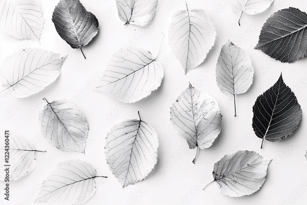 Poster elegant monochrome leaf pattern white background subtle texture design