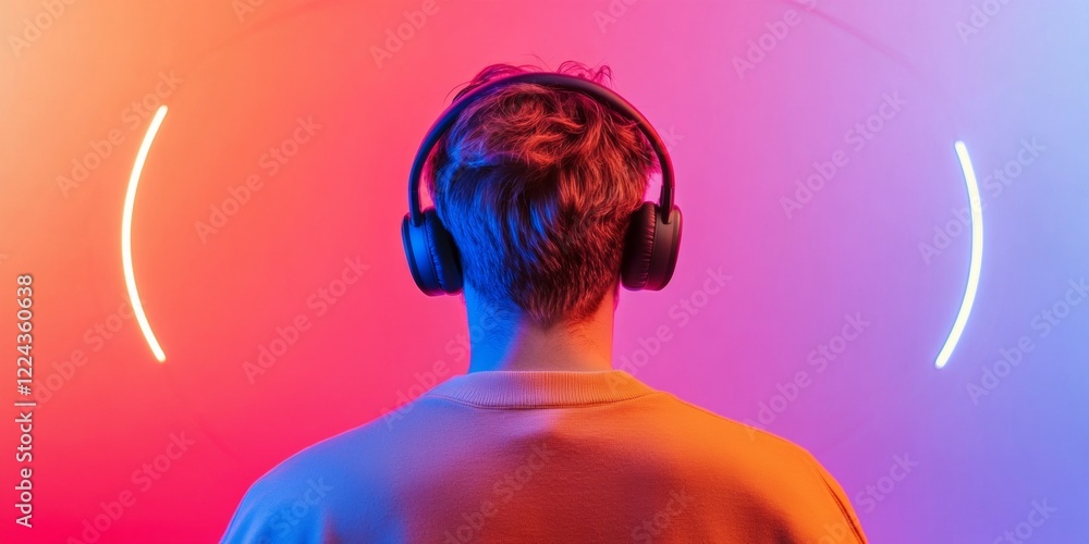 Poster neon-aesthetic studio ambience content creator with headset in gradient lighting - tech innovation a