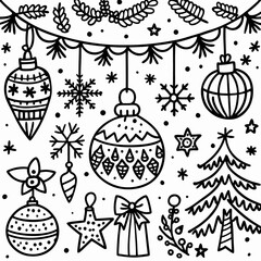 Hand-drawn black and white Christmas ornaments and decorations. (1)