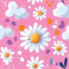 Obraz premium Charming Floral Pattern with Daisies and Clouds on Pink Background