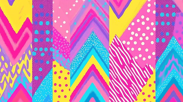 Abstract colorful geometric pattern with chevron, polka dots, and stripes.