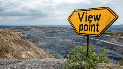 A yellow road sign with the text View point on it, placed in front of an open-pit mine.