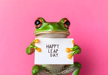 Cute Green frog on the pastel background. 29 February leap year day concept.