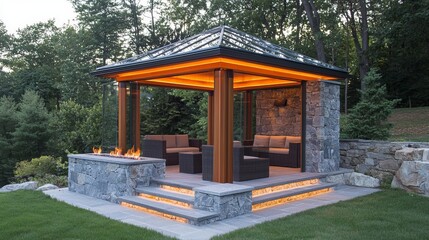 Naklejka premium Modern outdoor pavilion with cozy seating area and ambient lighting in a serene backyard setting
