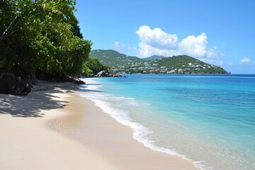Serene beach scene with gentle waves lapping at the shore, lush greenery, and distant village on the hills