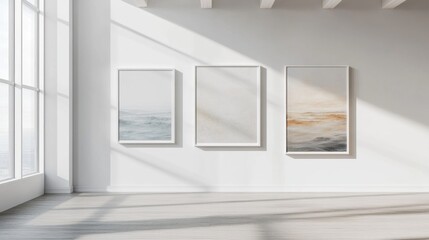 Fototapeta premium Bright and minimalist gallery wall mockup featuring three framed paintings on a white wall