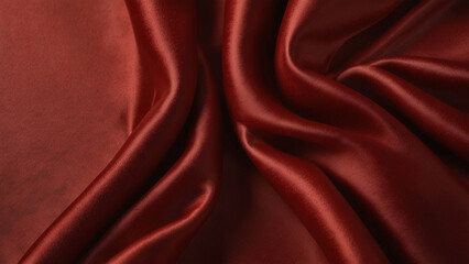 Red silk satin background. Beautiful soft wavy folds on smooth shiny fabric
