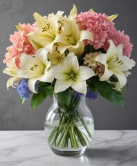 Obraz premium Lilies and hydrangeas in a elegant glass vase , sophisticated flowers, flower bouquet