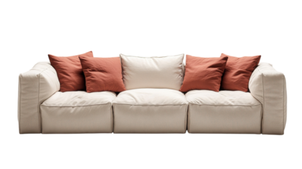Modern cream-colored sofa with decorative orange cushions in a minimalist living room setup
