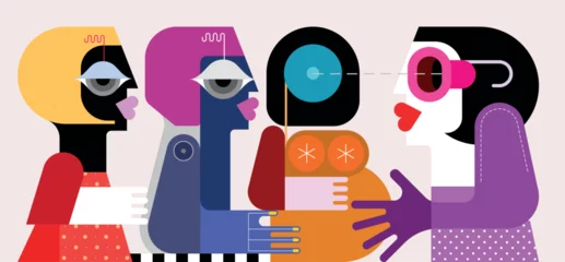 Pregnant woman and her friends modern art vector illustration.