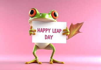 Cute Green frog on the pastel background. 29 February leap year day concept.