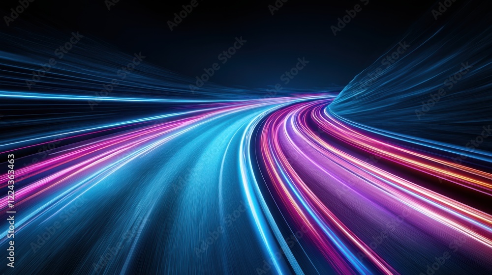 Poster dynamic motion trails with vibrant neon lights on a dark background in a futuristic style
