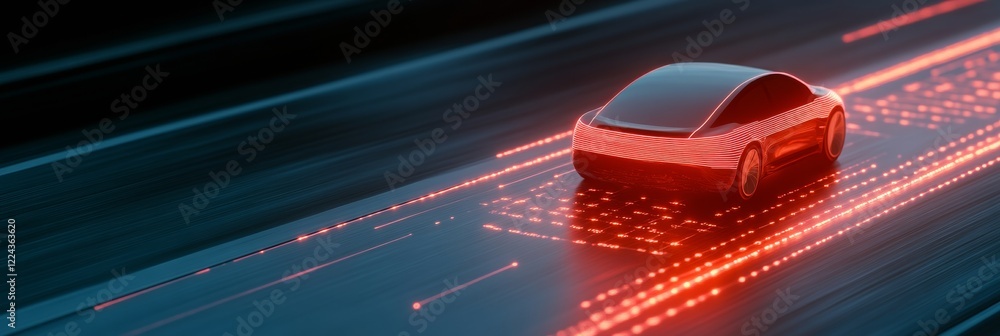 Poster futuristic electric vehicle on smart road sleek digital design with sensor grids - autonomous drivin