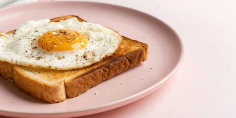 Close-up of toasted bread topped with a fluffy fried egg and served on a plain pink surface, , homemadebreakfast, egg toast recipe