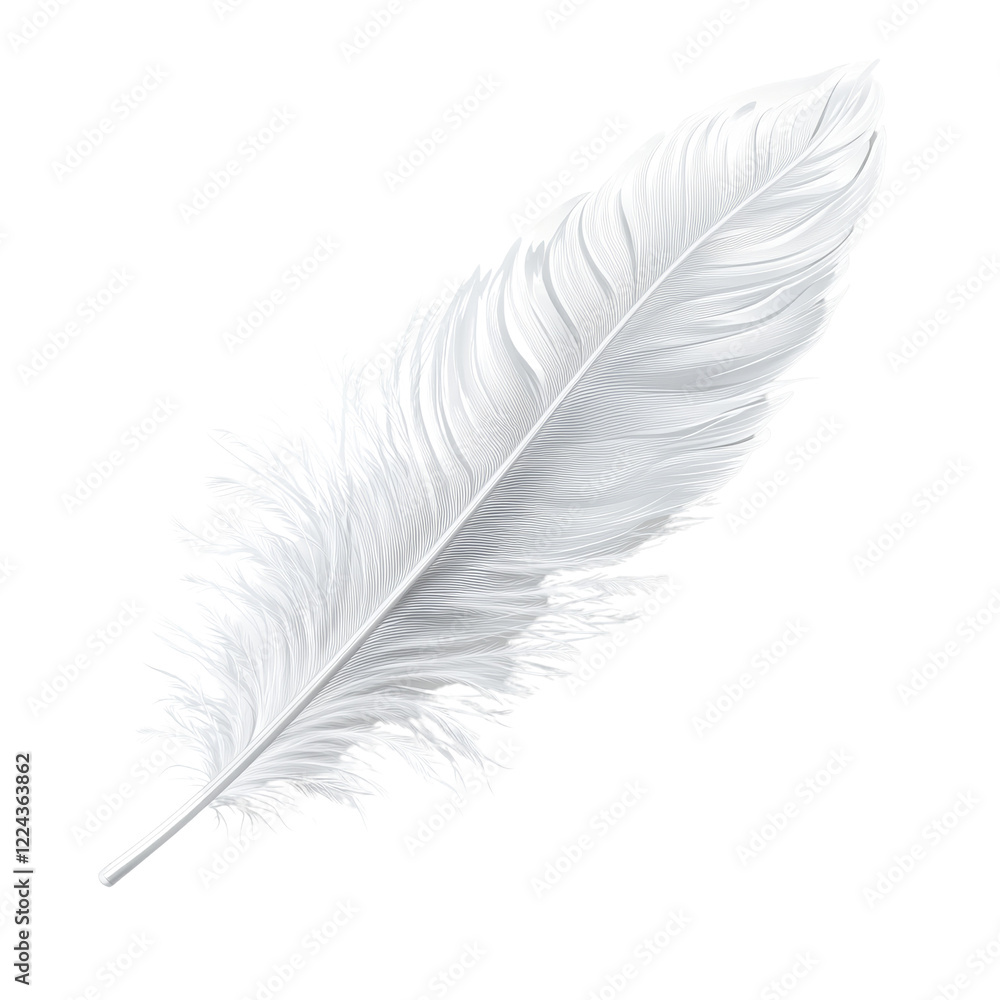 Poster a single, pristine white feather floats against a stark transparent background showcasing its intric