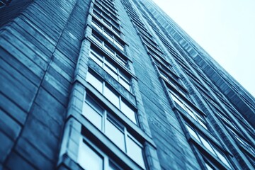 Dramatic Low Angle View of Modern Skyscraper with Geometric s and Blue Tones